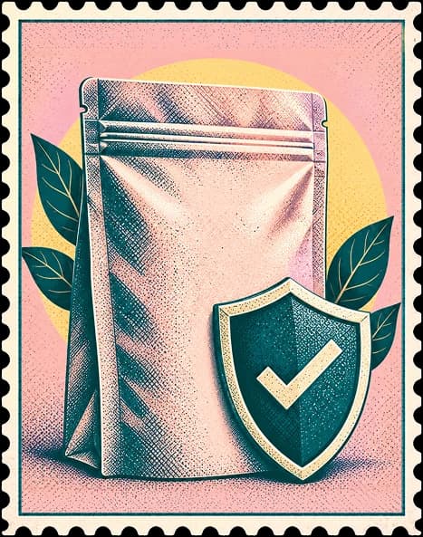A sealed pouch with a shield and a tick beside it