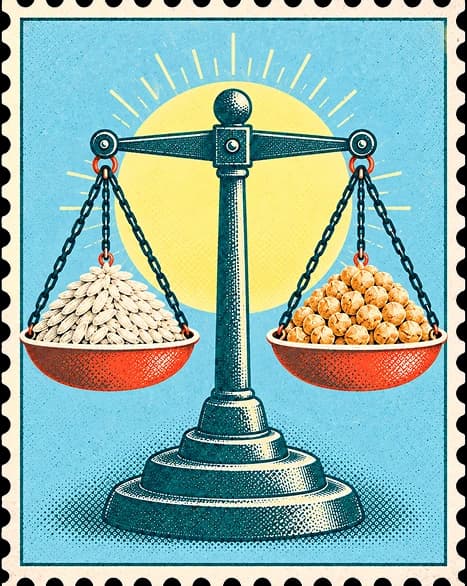 A level balance with rice in one pan and chickpeas in the other